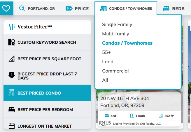 screenshot of selecting condos/townhomes, and best priced condo