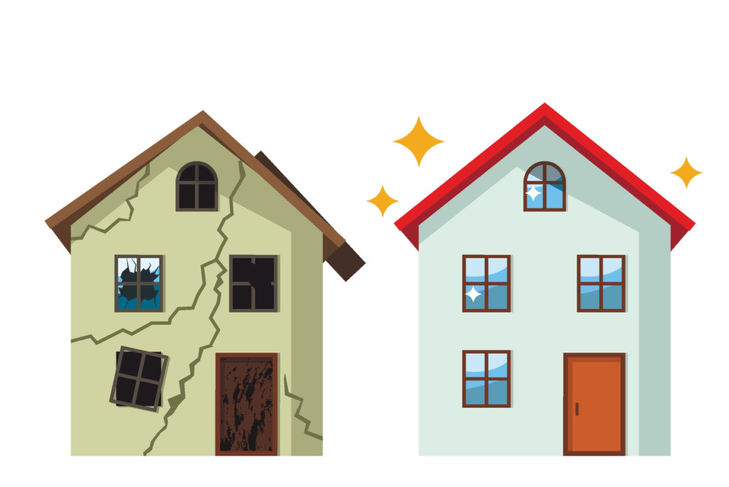 An old, ruined house in cracks with broken glasses and a renovated beautiful country cottage. concept before and after repair. flat vector illustration isolated on white background