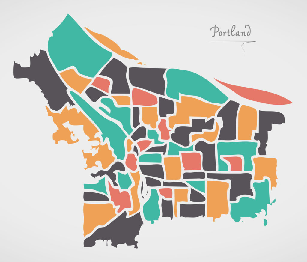 Portland Oregon Map with neighborhoods and modern round shapes