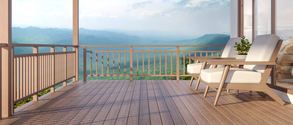 Wood house terrace with mountain 3d render, There are wood floor.Furnished with fabric and wooden furniture. There are wooden railing overlooking the surrounding nature and mountain