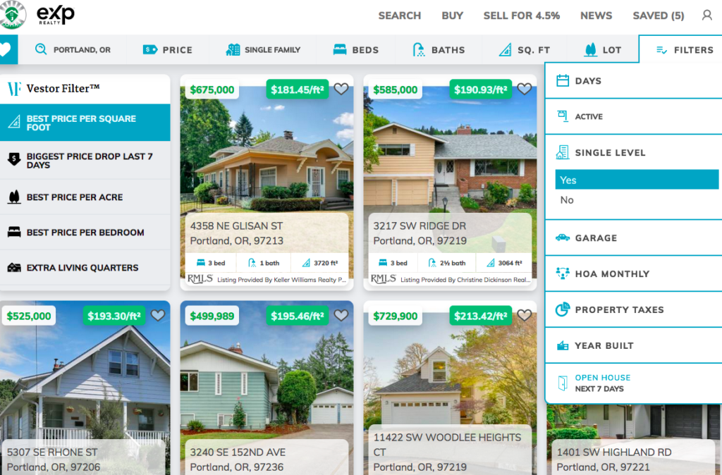 screenshot of Portland Homes for Sale and the single level home filter at the right side of the screen